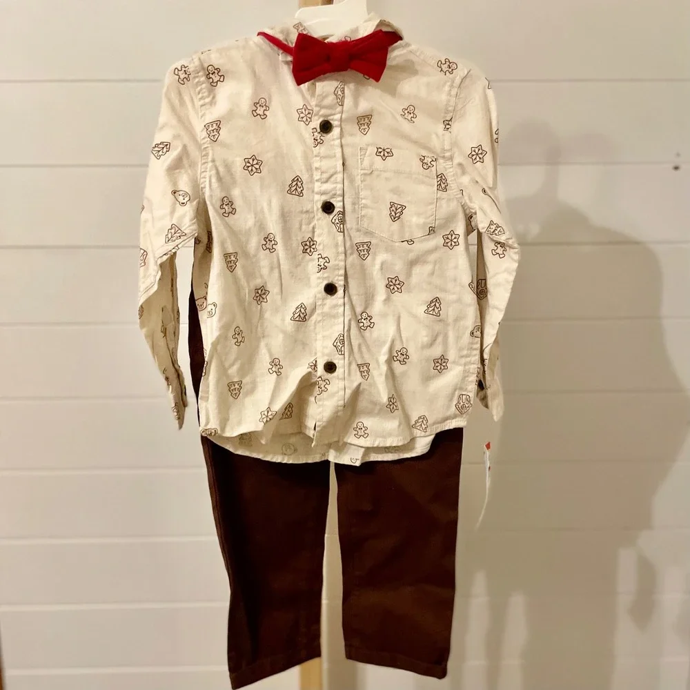 Cat & Jack‎ Boys Gingerbread Christmas Outfit Shirt Pants Bowtie Set 3T